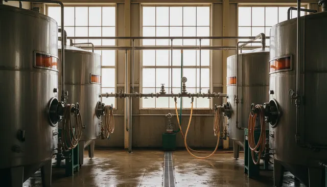 Stainless liquid blending tanks and filling equipment inside a working beverage facility.