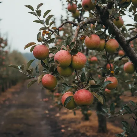 Ripe apples on the branch of a mature orchard tree.