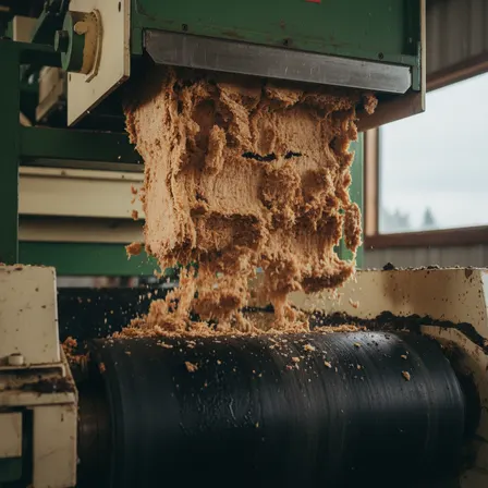 Spent apple pomace falling from a press onto a conveyor.