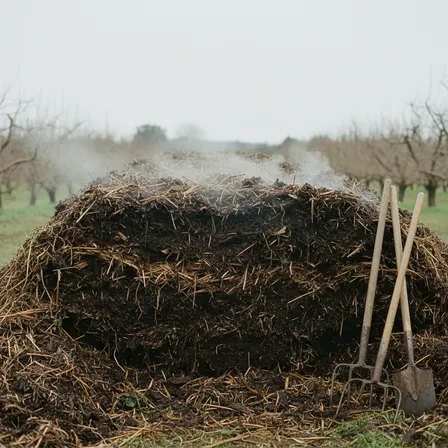 The cut face of a compost windrow showing steam and internal heat.