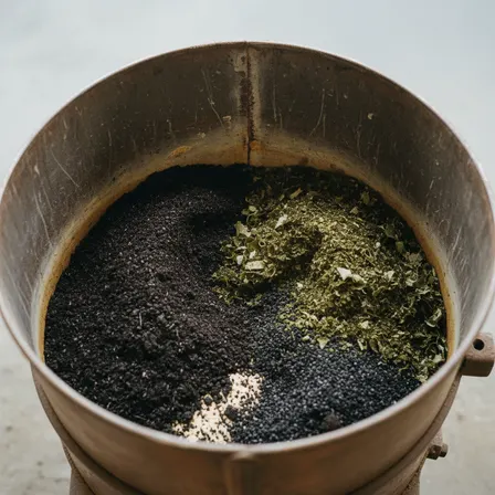 Compost, kelp meal, and biochar meeting in a blending drum.