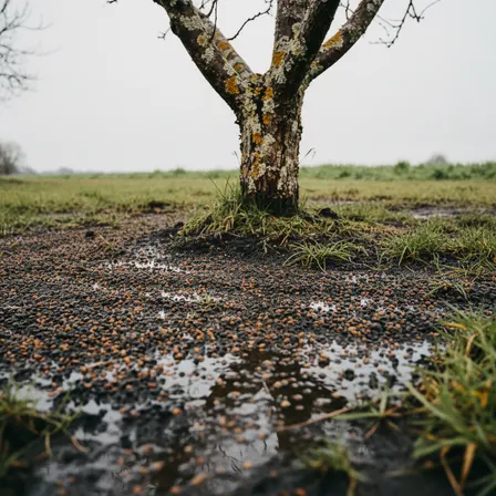 Finished blend broadcast on wet ground at the base of a fruit tree.