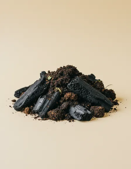 Angular black biochar fragments showing their porous cell structure.
