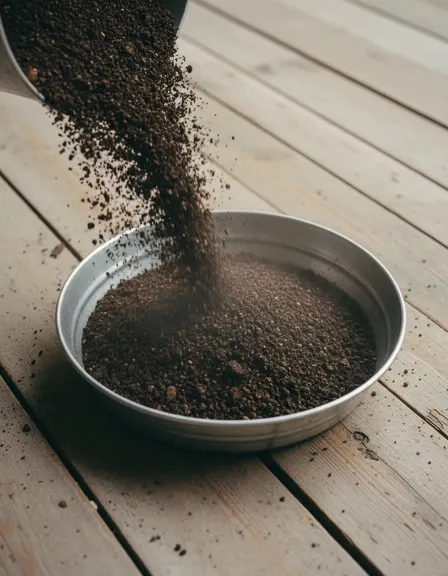 Fine dark garden fertilizer poured into a shallow galvanized pan.