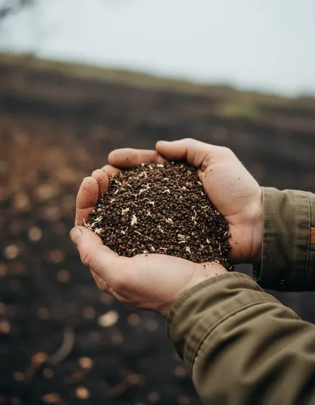 Coarse dark granular orchard fertilizer held in two cupped weathered hands.