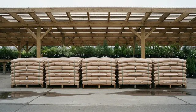 Stacked pallets of unbranded soil bags under a garden centre canopy.