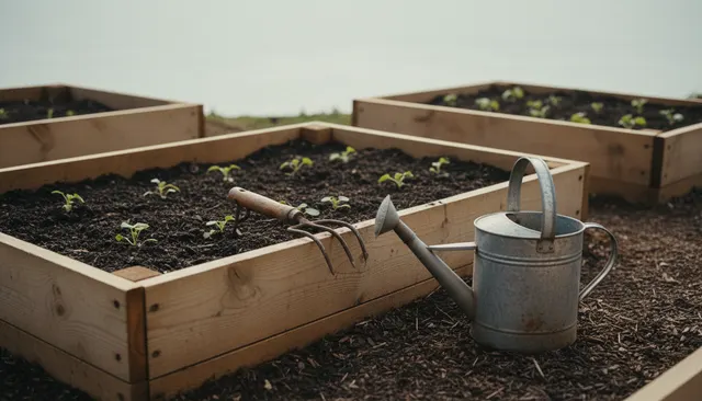 A domestic raised-bed vegetable garden with dark compost freshly worked in.