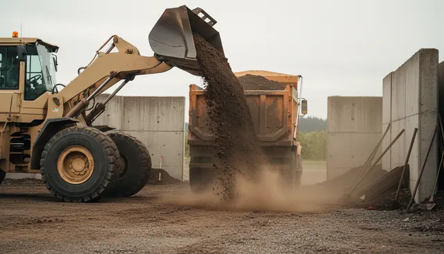 A loader bucket tipping screened compost into a truck bed at a supply yard.