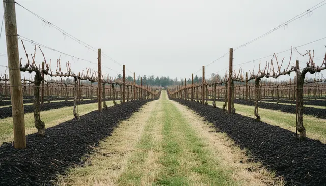 Compost spread in a band beneath the drip line of a trellised vineyard row.