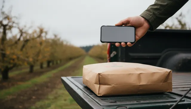 A phone held over a soil bag on the tailgate of a truck at the edge of an orchard.