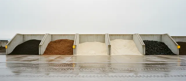 Concrete bays of graded compost and soil materials at a working supply yard.
